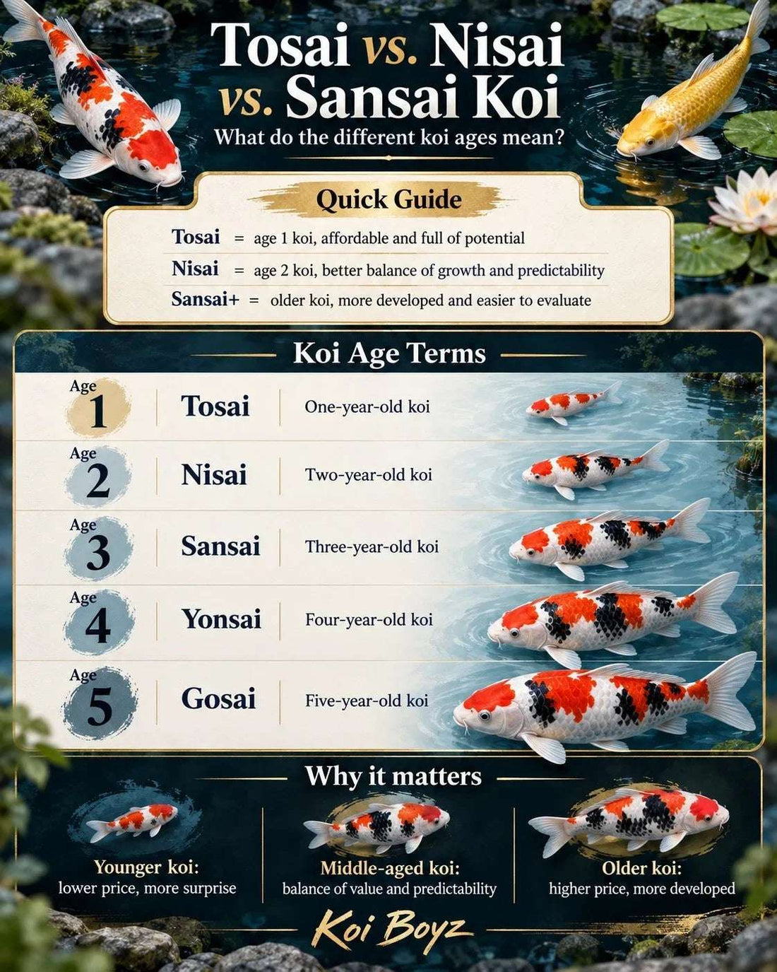 Tosai vs. Nisai vs. Sansai Koi: Which Should You Buy?